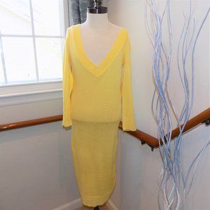 LVL X Pale Yellow Sweater Dress Fitted Knit Deep V Neck Size Medium